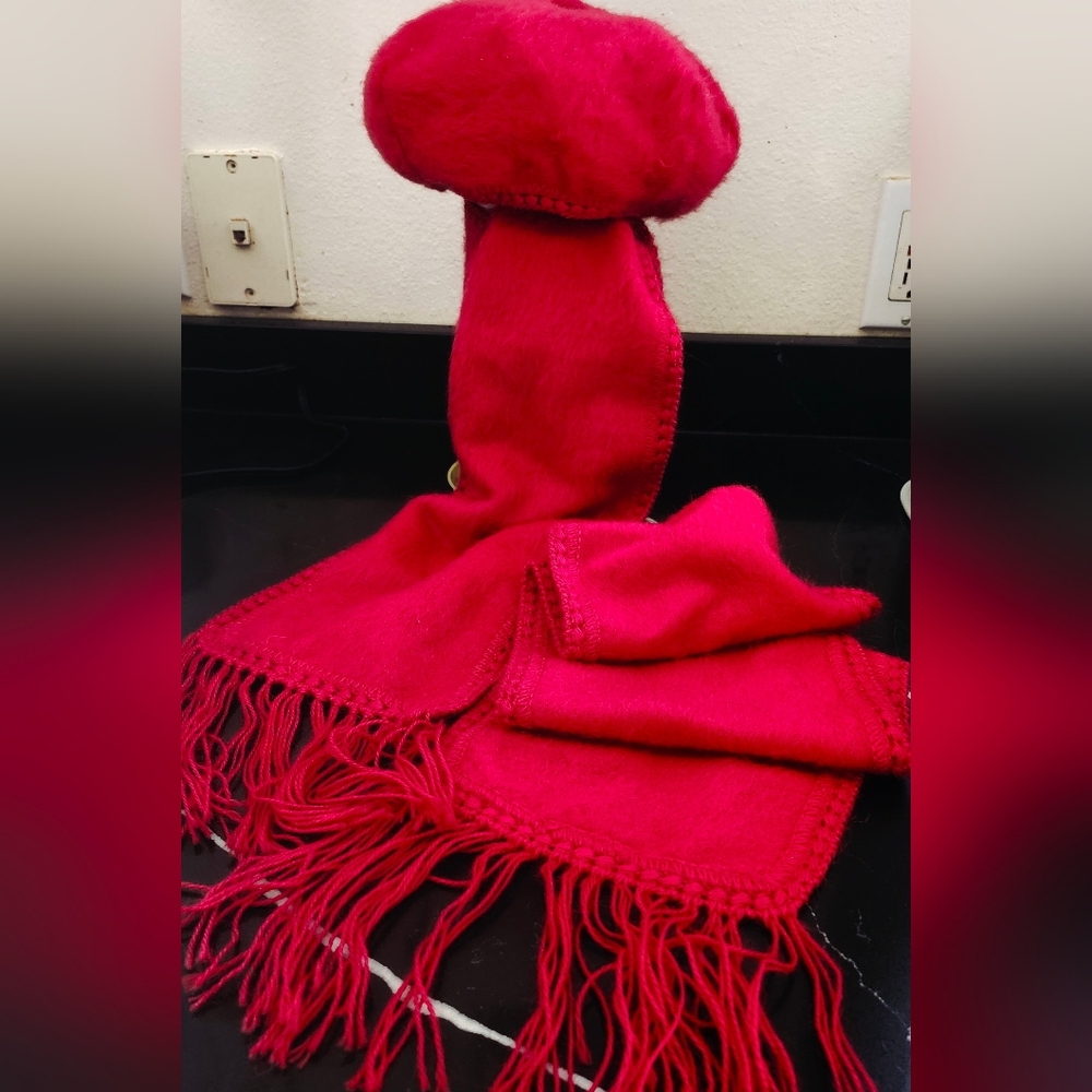 Vintage Red Mohair Scarf & Matching Beret Hat